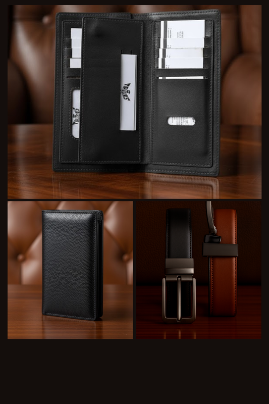 Gift / Combo Box - Checkbook Wallet with 2 in 1 Premium Leather Belt (Black & Brown)
