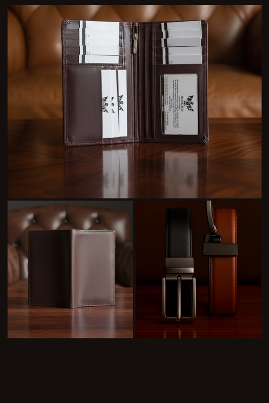 Gift / Combo Box - Small Checkbook Wallet with 2 in 1 Premium Leather Belt